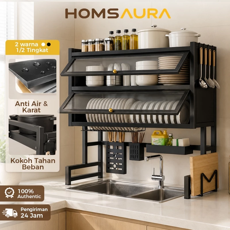 Homsaura Rak Piring Wastafel Rak Piring Tertutup 2 Susun Rak Cuci Piring Stainless Anti Karat