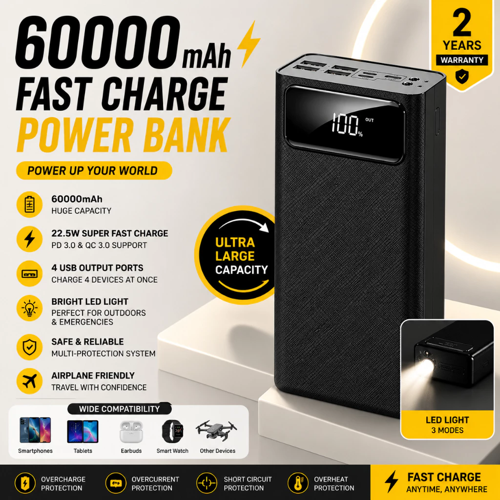 LENTIVEN PowerBank 60000mAh 4 USB Fast Charging