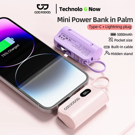 Goojodoq 5000mah Mini Powerbank Dengan colokan ganda Lightning + Tipe C for iphone Android Phone Built in Cable