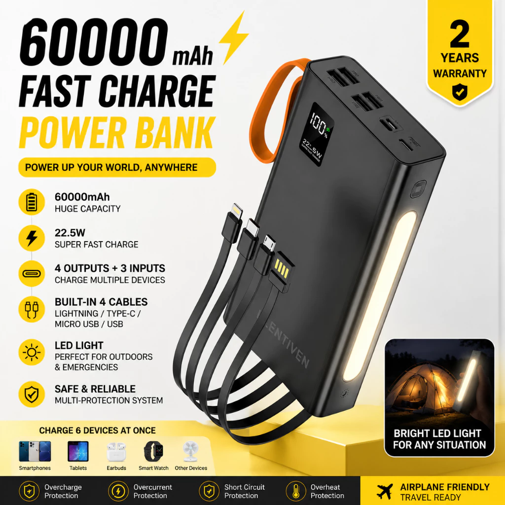 LENTIVEN PowerBank 60000mAh Fast Charging LCD with Kabel Data Type C Micro USB W66